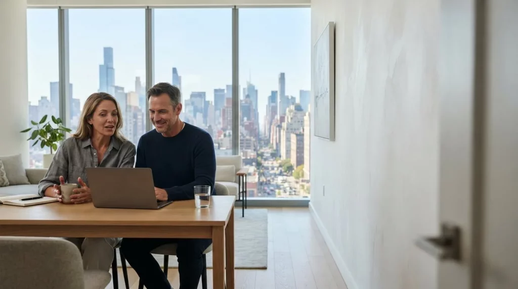 Casal analisando os investimentos em um notebook, em casa