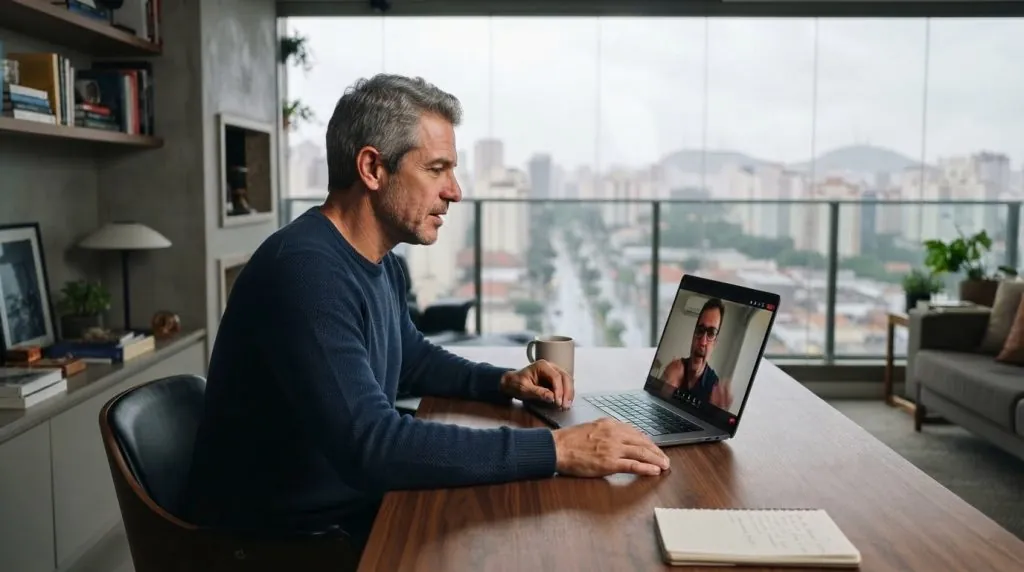 Homem em videochamada com um consultor, em um escritório com vista para a cidade